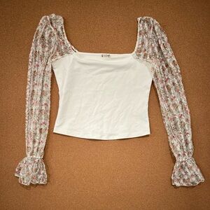 Intimately Free People Never Worn White Blouse with Floral Sheer Sleeves